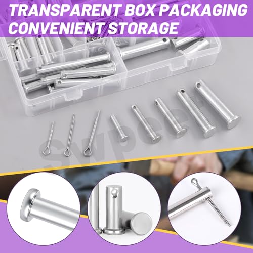 Swpeet 51Pcs 18 Size M5 M6 M8 M10 M12 Zinc Plated Clevis Pins with Cotter Pin Assortment Kit, Single Hole Flat Head Clevis Pins Split Pins Hairpin Cotter Pin Fitting Hole Location Clips Fastener
