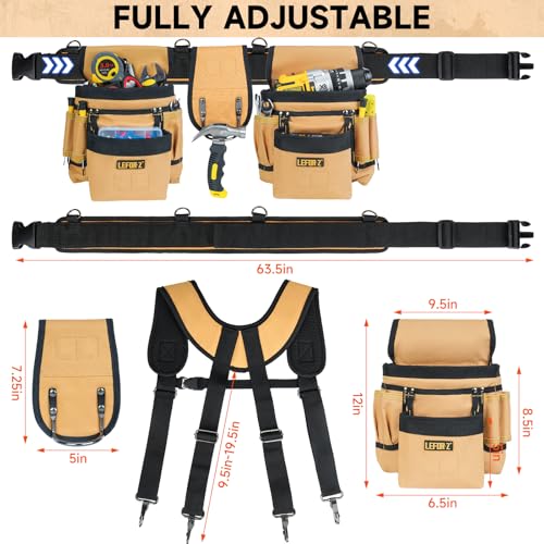 LEFOR·Z Tool Belt with Suspenders,27-Pockets Heavy Duty Tool Belts for Men Brown/Black