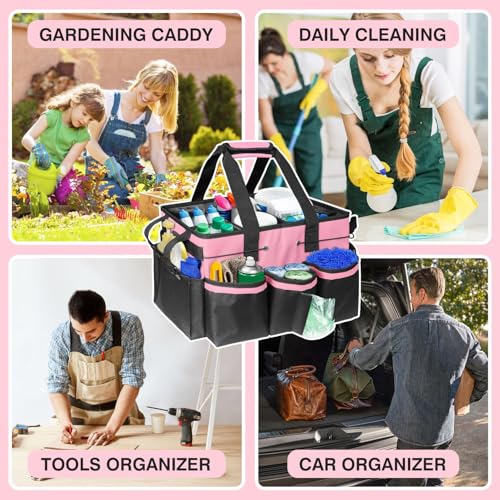 Cleaning Caddy Tote with Removable Dividers - 17.8x12.2x9.3in Waterproof Tool Organizer Bag with Handles & Adjustable Shoulder Strap for Housekeepers, Cleaners & Car Detailing Supplies (Pink) pink