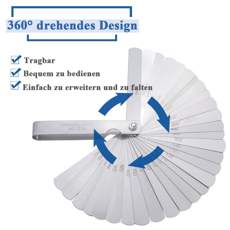 Mesee 32 Blade Stainless Steel Feeler Gauge Set, Feeler Gauge Measuring Tool, 0.02-1.0mm Double Marked Metric and Imperial Measuring Tool, for Measuring Gap Width Distance Gauge