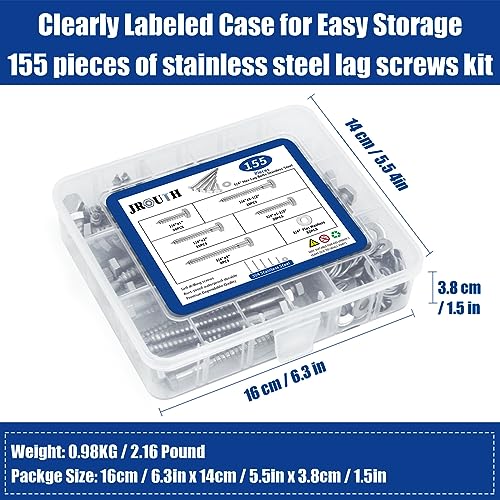 1/4 x 1 to 3" Hex Lag Screws, 155PCS Hex Lag Bolts Heavy Duty Wood Screws Washers Assortment Kit Stainless Steel 18-8 (304) 1/4 x 1"-3" (155 set) Silver