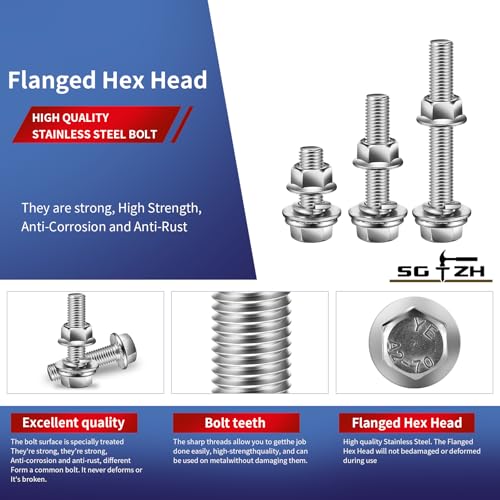 M10 x 80mm Flanged Hex Head Bolts, Nuts, Flat & Lock Washers, 10Pcs 18-8 (304) Stainless Steel, Fully Threaded, by SG TZH M10 x 80mm Silver 10