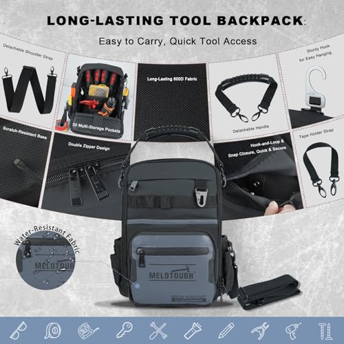 MELOTOUGH Small Tool Backpack for Men 30 Multi-Storage Pockets Heavy Duty Tool Bag Backpack, Electrical Tape Holder Tape Thong with Trigger Snap Hook Electrical Tape Strap
