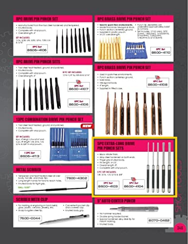HHIP 8600-4103 5 Piece Extra-Long Drive Pin Punch Set with Black Nitrate Finish, 8" Overall Length Punch Sets