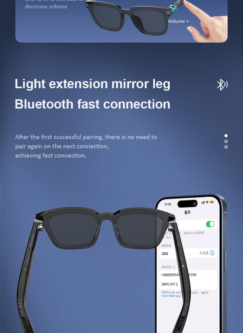 Smart Bluetooth Audio Glasses,UV Protection, Auto On/Off, Call/Music, Voice Assistant,Remote Control of Mobile Phone Camera Function,Transparent Gray Cool Temples ，Unisex
