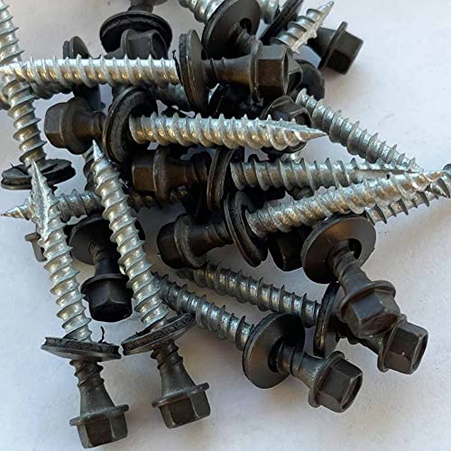 Metal Roofing Screws - #10 x 1.5” – Self Tapping ¼” Hex Head with EPDM Rubber Washer – for Metal to Wood, Corrugated Roofing, Siding, Sheds, Pancake Screw - Hex Drive Easy Install - Brown (250) 250
