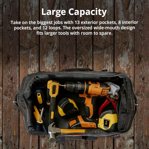 WOLF 22" Wide Mouth Tool Bag with Molded Base | Heavy-Duty 1680D Nylon | Electrician & Contractor Organizer