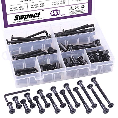 Swpeet 282Pcs 14 Different Sizes M6x16mm-80mm Carbon Steel Black and Nickel Plated Sliver Barrel Nuts Kit