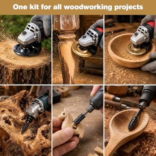 5Pcs Wood Carving Disc Set for 4-4.5 Inch Angle Grinder, Carbon Steel Wood Grinding Wheel with Stump Grinder Disc & Polishing Sandpaper for DIY Woodworking