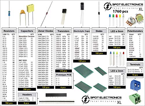 XL Electronic Component Kit Assortment, Capacitors, Resistors, LED, Transistors, Diodes, Zener, Potentiometers (1760 pcs) (1760) 1760