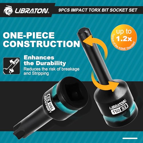 LIBRATON Impact Torx Bit Socket Set, 1/2" Drive, S2 Steel, T30-T80, 9PCS 9PCS Torx