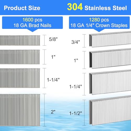 18 Gauge 1/4 Inch Norrow Crown Staples & Brad Nails,2880-Pack