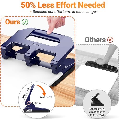 AFMAT Heavy Duty 3 Hole Punch, 3 Hole Puncher for Binder, 40-Sheet Three Hole Punch w/ 10000+ Uses, Metal Hole Puncher 3 Ring, 50% Reduced Effort, 9/32inch Hole, Bulit-in S.S. Paper Guide HPX1 (Blue) Blue