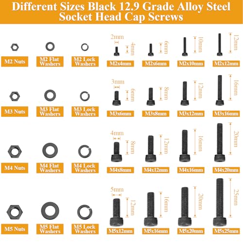 2180 Pieces Black M2 M3 M4 M5 Hex Socket Head Cap Screws Nuts Washers Assortment Kit, Metric Screw Assortment with Hex Wrenches, 12.9 Grade Alloy Steel, Fully Threaded M2/M3/M4/M5
