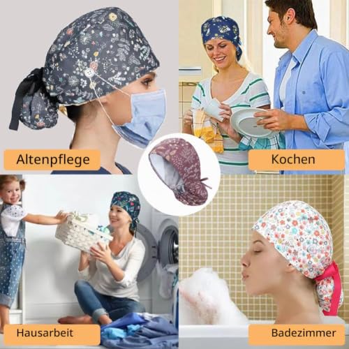 6 x Women's Surgical Caps with Satin Lining, Adjustable Fabric with Button | Ponytail Work Cap with Sweatband Hoods, Cotton Print Surgical, Chef's Hat, Dust Caps Cap, One Size