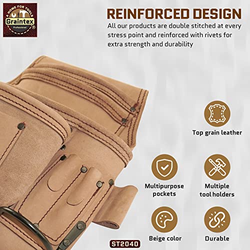 GRAINTEX ST2040 10 Pocket Nail & Tool Pouch Natural Top Grain Leather for Framers, Constructors, Electricians, Plumbers, Handyman