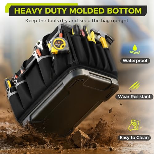 Ytonet Heavy Duty Tool Bag 16-Inch, 46 Pockets Electrician Tool Bag for men with Hard Bottom & Waterproof Pocket Wearable Cleaning Caddy Bag