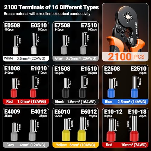 Preciva 2100PCS Ferrule Crimping Tool Kit, AWG 23-7 (0.25-10mm²) Self-Adjusting Ratchet Ferrule Crimping Tool with Storage Case - Quadrilateral Wire Crimp Pliers for Electrical, Car, Audio & DIY