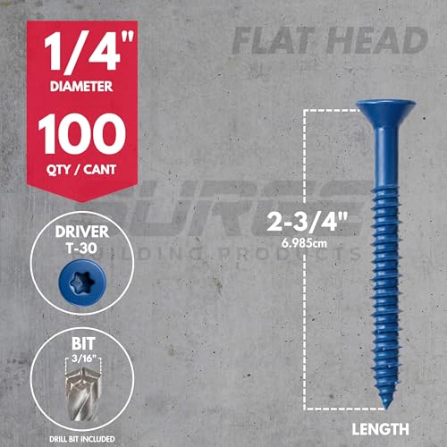 1/4" x 2-3/4" Flat Head Blue Concrete Screws with Drill Bit (Box of 100) 1/4" x 2-3/4"