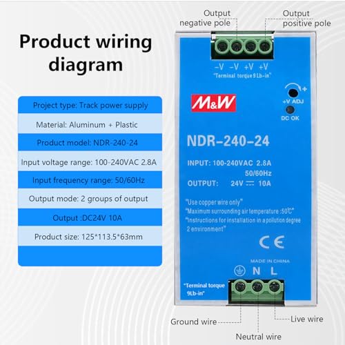 DIN Rail Power Supply, 24V 240W DIN Rail Switching Power Supply Input 100-240VAC 2.8A, Output DC 24V 10A, Multiple Protection Functions, Widely Used, Industrial Model NDR-240-24