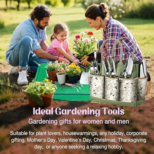 Gardening Hand Tools,14 Pieces Stainless Steel Heavy-Duty Gardening Hand Tools with Delicate Storage Bag, Aprons and Anti-Slip Rubber Gloves, Ideal Gardenings Gifts for Women
