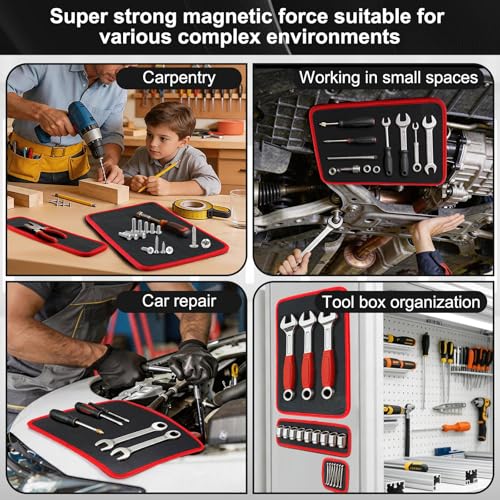 Magnetic Tool Mat Set for Mechanics, Flexible Heavy Duty Magnetic Parts Holder and Tool Organizer for Wrenches, Screws, Nuts, Bolts, Garage Toolbox Accessories (Red, 3PC) Red