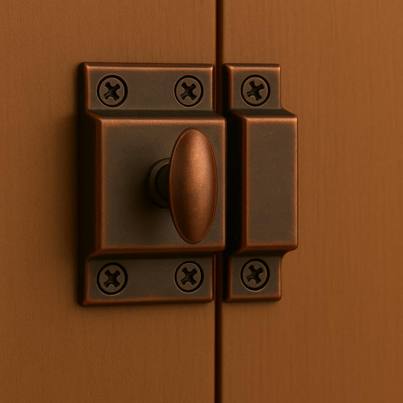 Large Stamped Antique Copper Cabinet Door Latch - 2 1/8" × 2 1/8" - Pack of 4 - Spring Loaded Cupboard Door Latch with Oval Turn - Vintage Cabinet Hardware | UA-140-LAC (4)
