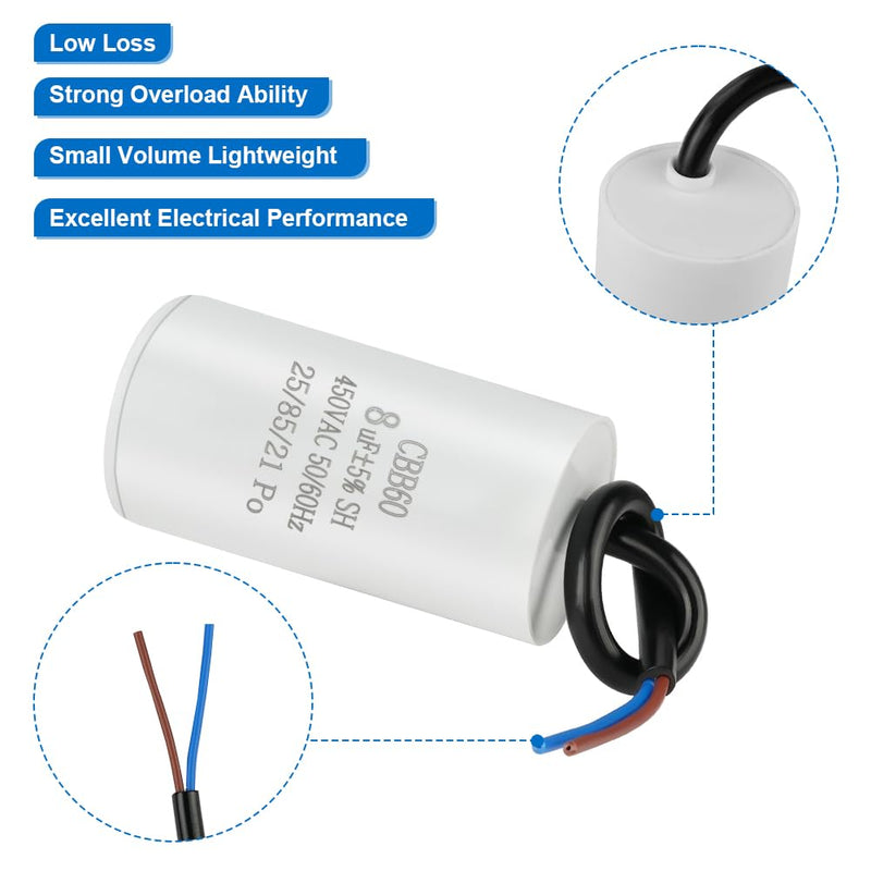 OFFCUP Motor Capacitor CBB60 Starting Capacitor 8μF 450V Capacitor 8μF | 450V CBB60 Capacitors with Wire Cable for Electric Motors and Swimming Pool Pumps Electric Motor, 50/60Hz 8μF (Schraubanschluss)