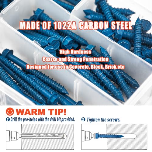 200Pcs 3/16" 1/4" Hex Head Concrete Screws with Drill Bit and Driver bit 200Pcs 1-1/4" to 2-3/4" Slotted Hex Head