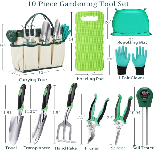 10PCS Heavy-Duty Garden Tools Set for Beginners - Rust-Proof Aluminum Garden Kit with Soil Tester, Repotting Mat & Kneeling Pad, Perfect Gardening Gift for Women, Mom & Beginners