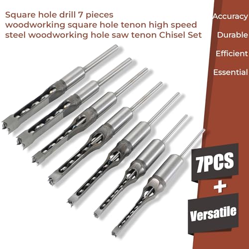 kimllier 7Pcs Square Hole Drill Bit, Stainless Steel Sharp Durable Mortising Chisel Set 6/25, 1/4, 5/16, 3/8, 2/5, 1/2, 9/16 Inch