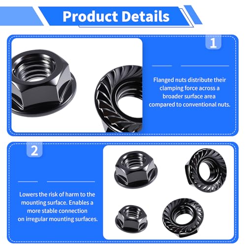 200 Pcs Hex Serrated Flange Nut, M8 x 1.25mm Serrated Flange Hex Lock Nuts, Medium Carbon Steel Serrat Metric Hexagonal Flanged Lock Nuts, Full Thread, Bright Finish, Black 200Pcs M8*1.25mm Black