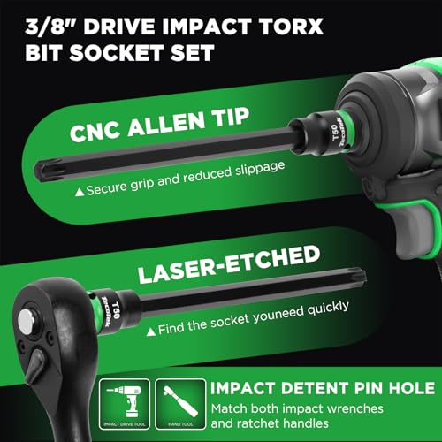 TecoTek 3/8" Drive Impact Torx Bit Socket Set, Extra Long Torx Socket, S2 Alloy Steel Star Bit Sockets, 24PCS Star Bit Set, T10-T60, 2in & 6in Long, CR-V & S2 Alloy Steel Set, Enhanced Storage Case