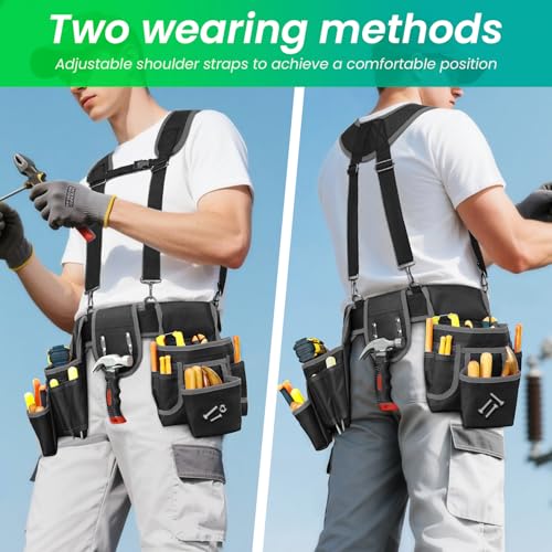FamilyKit Tool Belt With Suspenders, Magnetic Heavy Duty Tool Belts for Men Black-grey