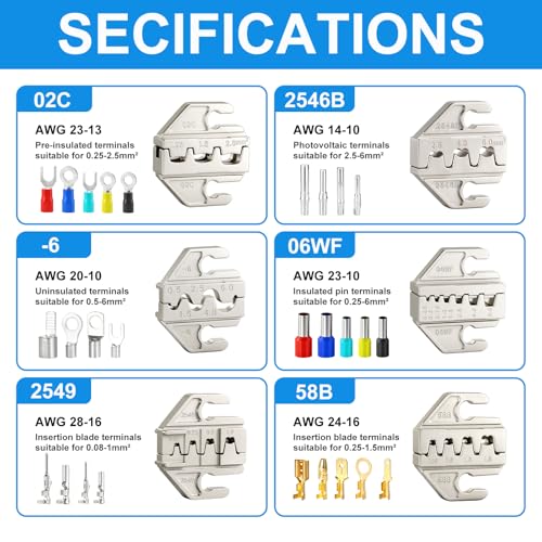 6PCS Crimping Tool Set - Ratchet Wire Crimper Tool for Heat Shrink,Insulated Nylon,Non-Insulated,Open Barrel Terminals,Ferrule Wire End,Solar Connectors Wire Crimper Set