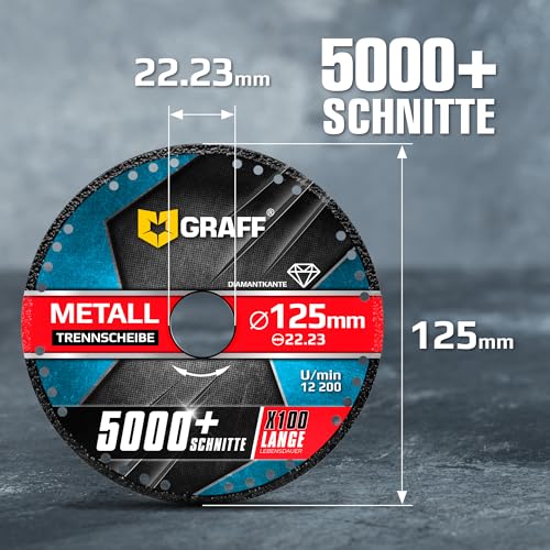 Angle Grinder Cutting Disc 125/115 Metal GRAFF Black, Diamond Cutting Disc for Thin-Walled Metal, Metal Brackets, Metal Pipes and Profiles, Iron, Cast Materials, Diamond Edge Diameter: 125 mm