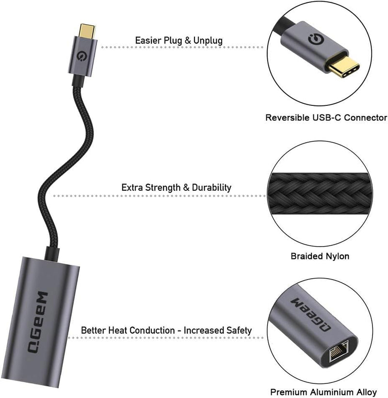 USB C to Ethernet Adapter, QGeeM Gigabit Ethernet to USB Type C, Thunderbolt 3/4 to RJ45 LAN Network Adapter Compatible for iPhone 15 Pro/max, MacBook Pro/Air, iPad Pro, Dell XPS etc-Classic Gray Classic Gray
