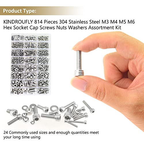 814 Pieces Socket Head Cap Screws Nuts Washers Kit, Kindroufly M3 M4 M5 M6 Screw Assortment Kit, Metric Screw Set, Bolts and Nuts, Machine Screws, 304 Stainless Steel, Fully Machine Thread M3/M4/M5/M6
