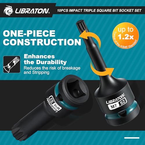 LIBRATON 10PCS Impact XZN Triple Square Spline Bit Socket Set, 1/2" Dr