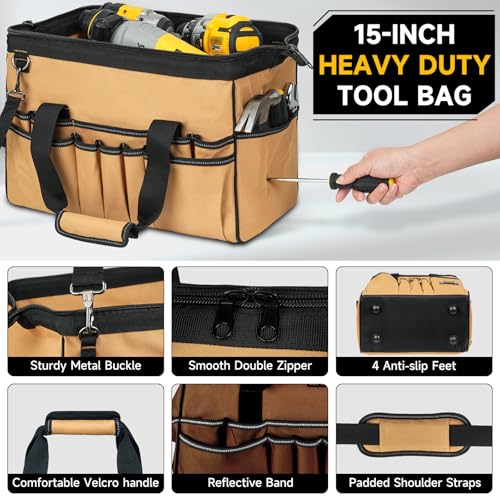 15-Inch Tool Bag,38 Pockets Tool Bags for Men,Heavy Duty Tool Box Organizer Storage,Wide Mouth Toolbag Tools Tote Carrying Case for Dad,Mechanic,Electrician,Brown,Bag Only