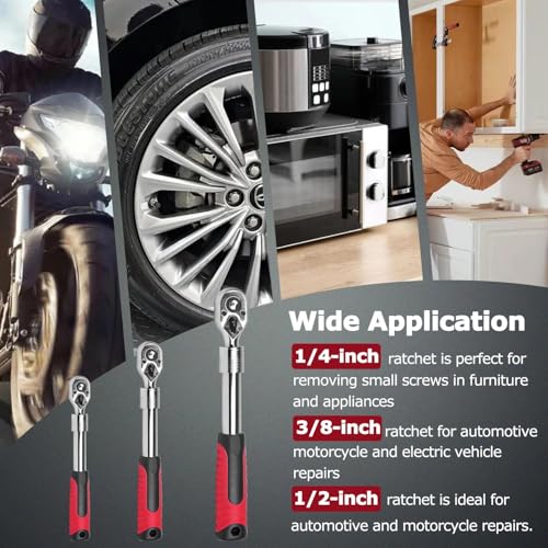 Extendable Ratchet Wrench Set, 1/4 3/8 1/2''Flex Head Socket Ratchet Wrench