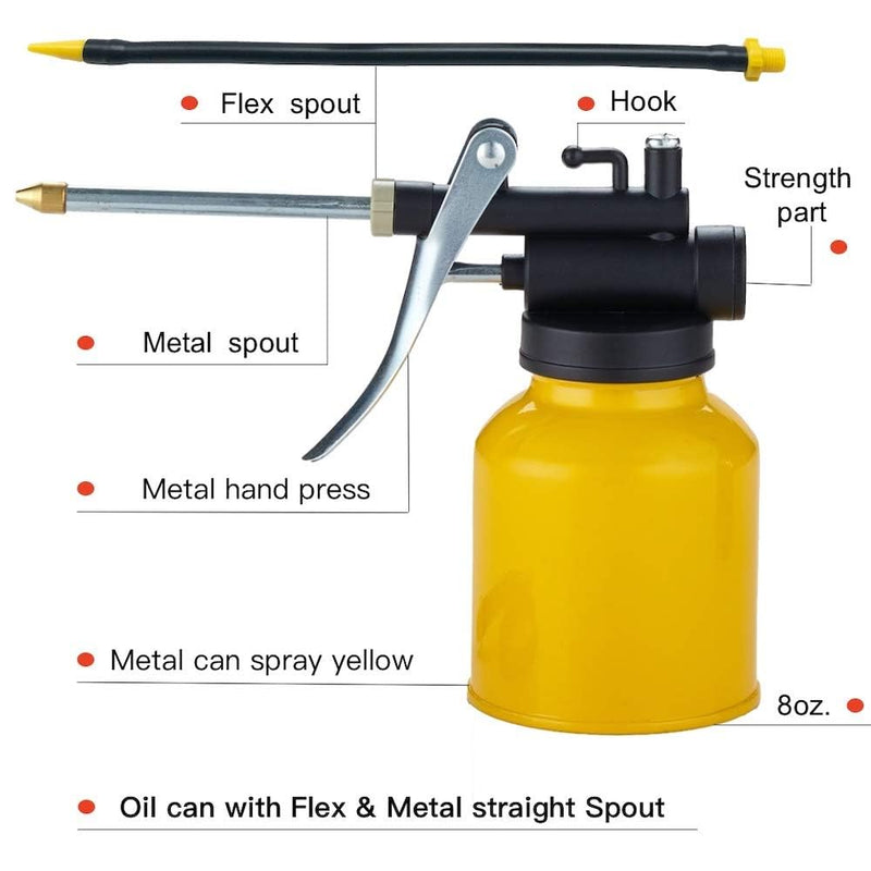 Hand Pump Oiler Can Professional Level 8 oz. Capacity Pump Oiler with Metal & Long Flex Spout 1