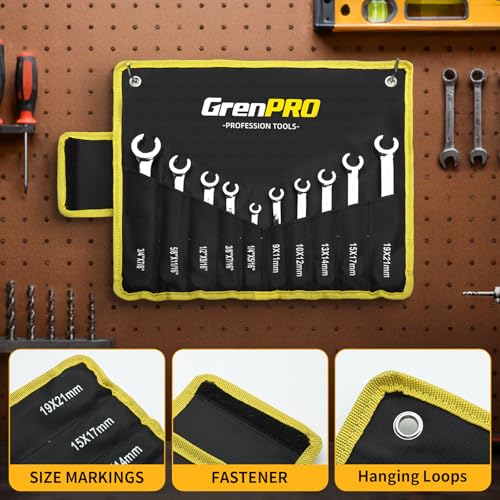 GRENPRO 6-Point Flare Nut Wrench Set – 10Pcs CR-V Steel Brake Line Wrench Kit for Cars & Trucks,Complete Standard (1/4"-7/8") and Metric (9-21mm) Sizes, Includes Storage Pouch & Identification Gauge Silver 10PCS Metric & SAE
