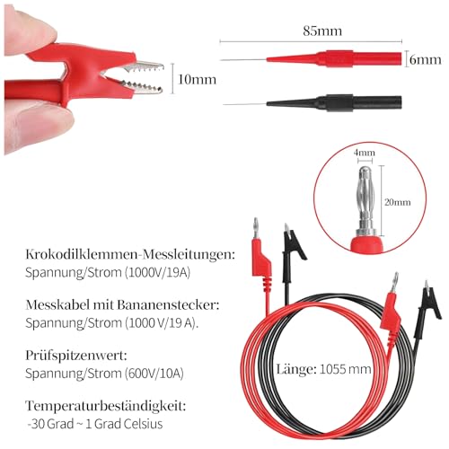 8-Piece Test Leads Set with Crocodile Clips Cable, 4 mm Banana Plug Cable x 4 with Test Probes x 4, 1 m Measuring Cable for Multimeter, Banana Plug Test Lead, for Digital Multimeter