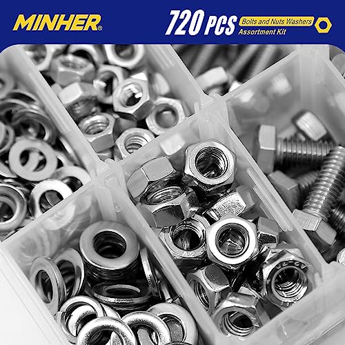 MINHER 720PCS M4 M5 M6 Bolts and Nuts Assortment Kit 304 Stainless Steel(18-8) Hex Screws Nuts & Washers, Includes 15 regular sizes M4, M5, M6 (720PCS)