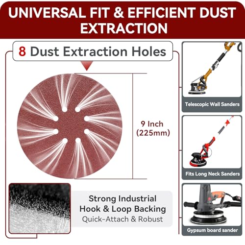 9 Inch 8 Hole Sanding Discs 30 Pack, 5 Pcs Each 40 60 100 120 180 240 Grit 8 hole 40/60/100/120/180/240 Grit