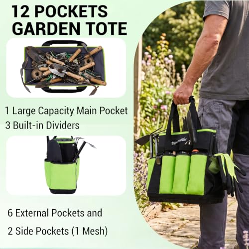 MELOTOUGH 12-Pocket Garden Tool Bag with Hard Bottom, Garden Caddy, Green