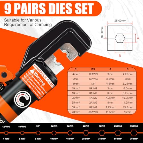 Hydraulic Battery Cable Crimpers 10 Tons 12‑2/0 AWG Stainless Steel Railing Orange 11pcs