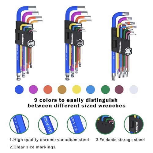 27 PCS Allen Key Set Torx SAE Metric Allen Wrenches Set Long Arm Ball End Hex Key Wrench Sets with T-Handle L-Hex Key Set Metric 1.5 to 10mm SAE 1/16 to 3/8″ Torx T10 to T50 27PCS Torx SAE Metric