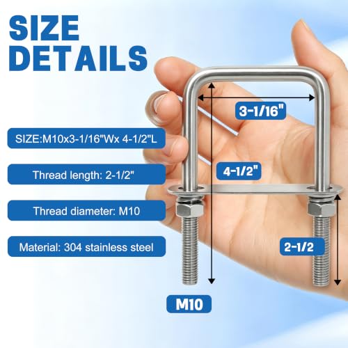 4 Sets M10 Square U-Bolts,304 Stainless Steel, 3-1/16"W×4-1/2"L M10x3-1/16 Wx 4-1/2"L